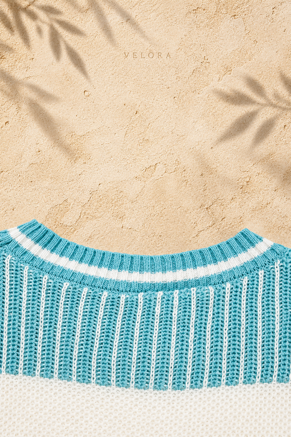 Two-Tone Striped Drop Shoulder Sweater turquoise back neckline detail, VELORA Mediterranean setting