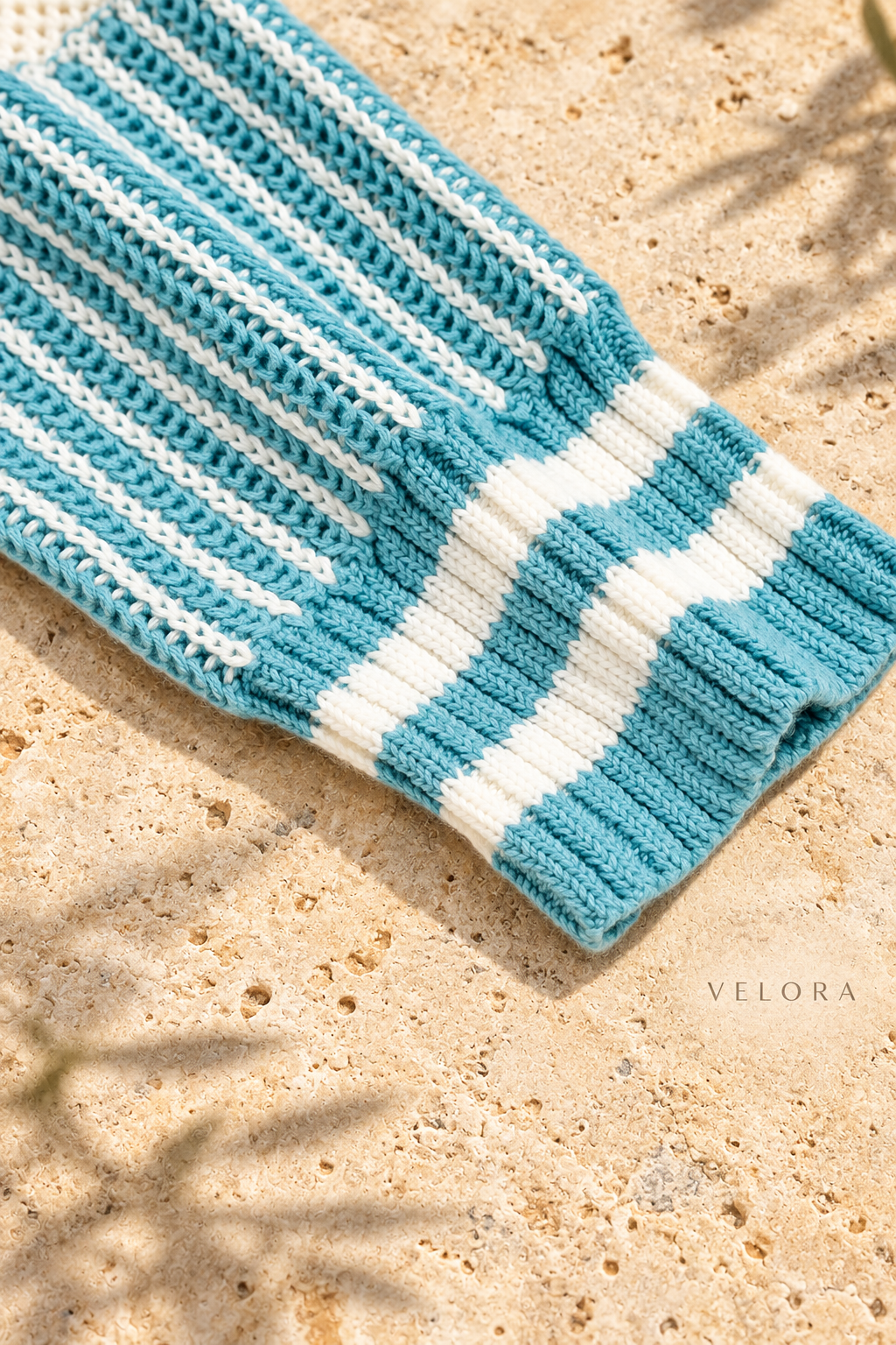 Two-Tone Striped Drop Shoulder Sweater turquoise cuff detail, VELORA Mediterranean setting