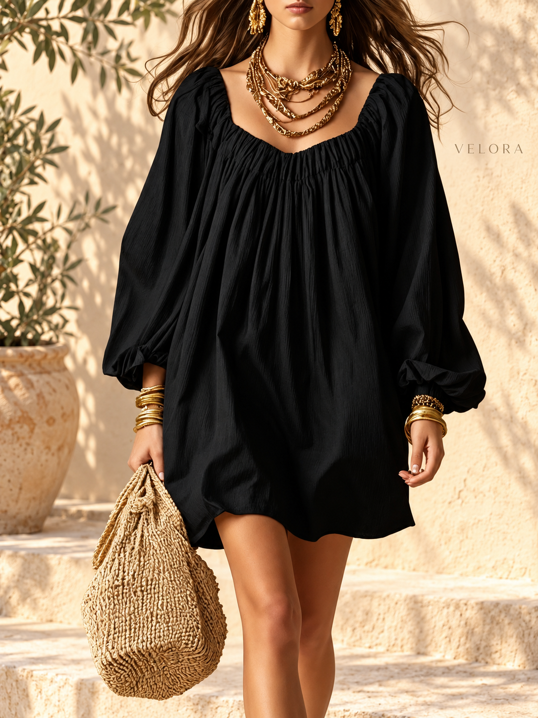 VELORA balloon sleeve dress photo 11 with Mediterranean backdrop