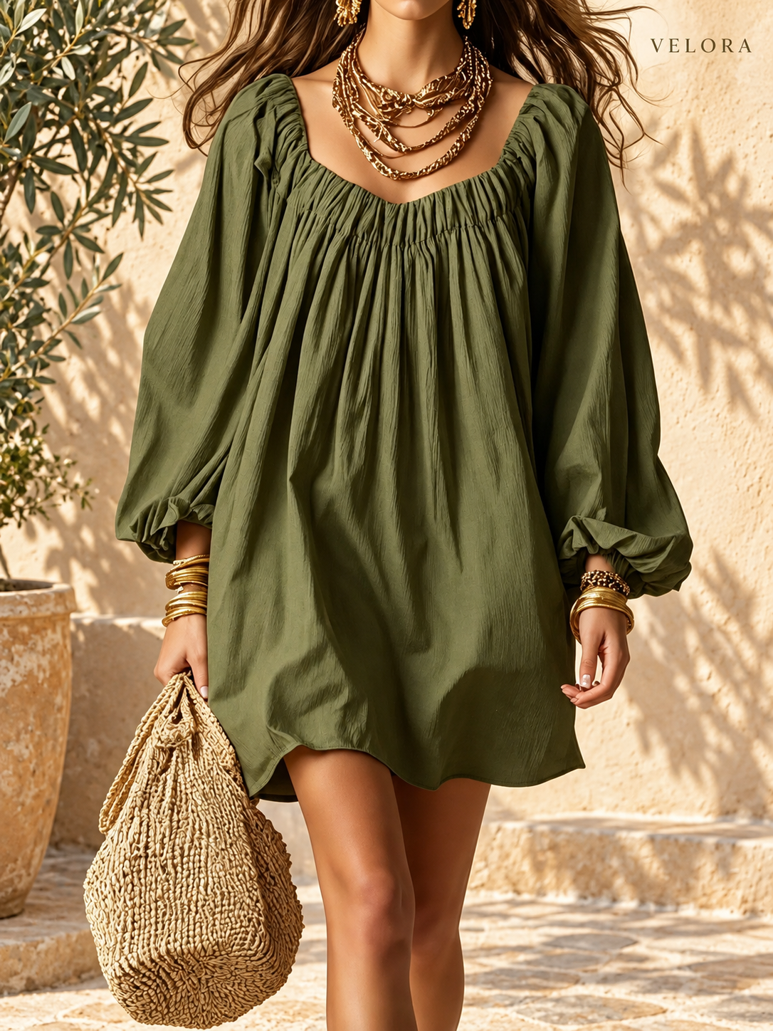 VELORA balloon sleeve dress photo 6 with Mediterranean backdrop