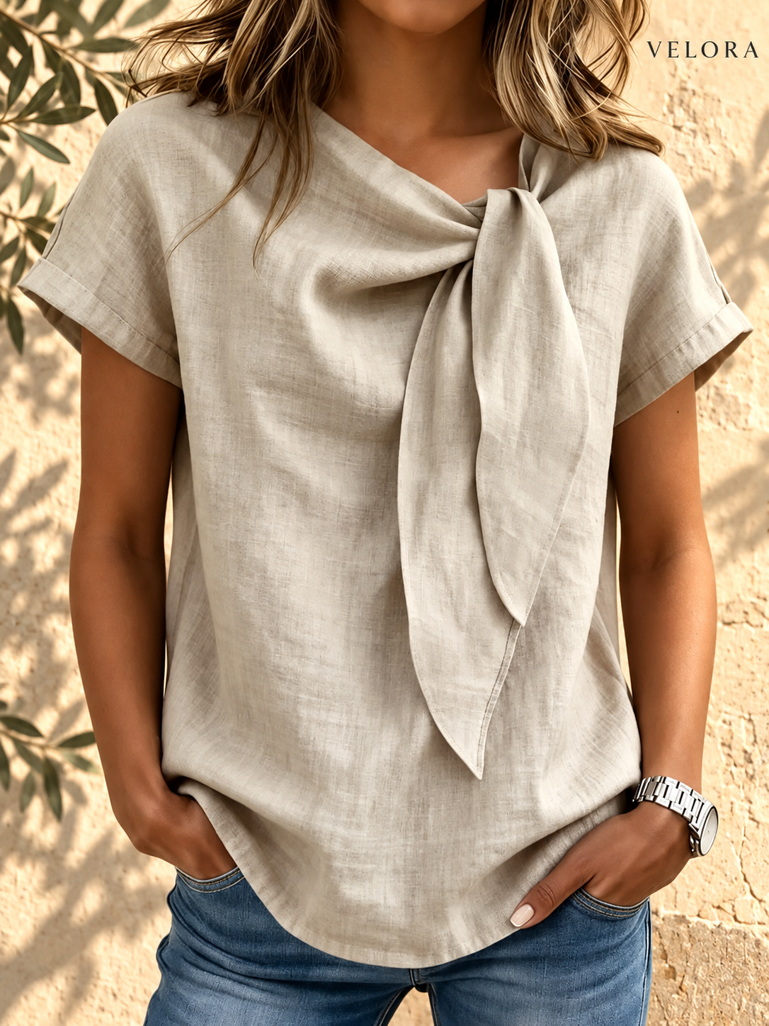 VELORA bow tie blouse look 1 on Mediterranean plaster