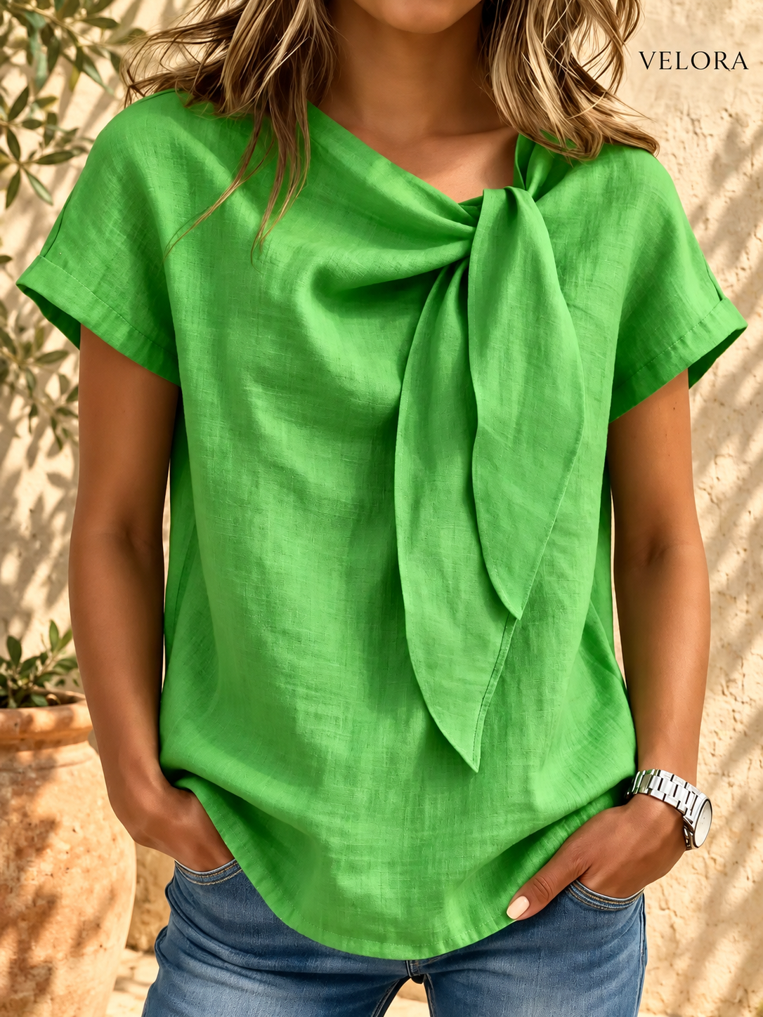 VELORA bow tie blouse look 4 on Mediterranean plaster