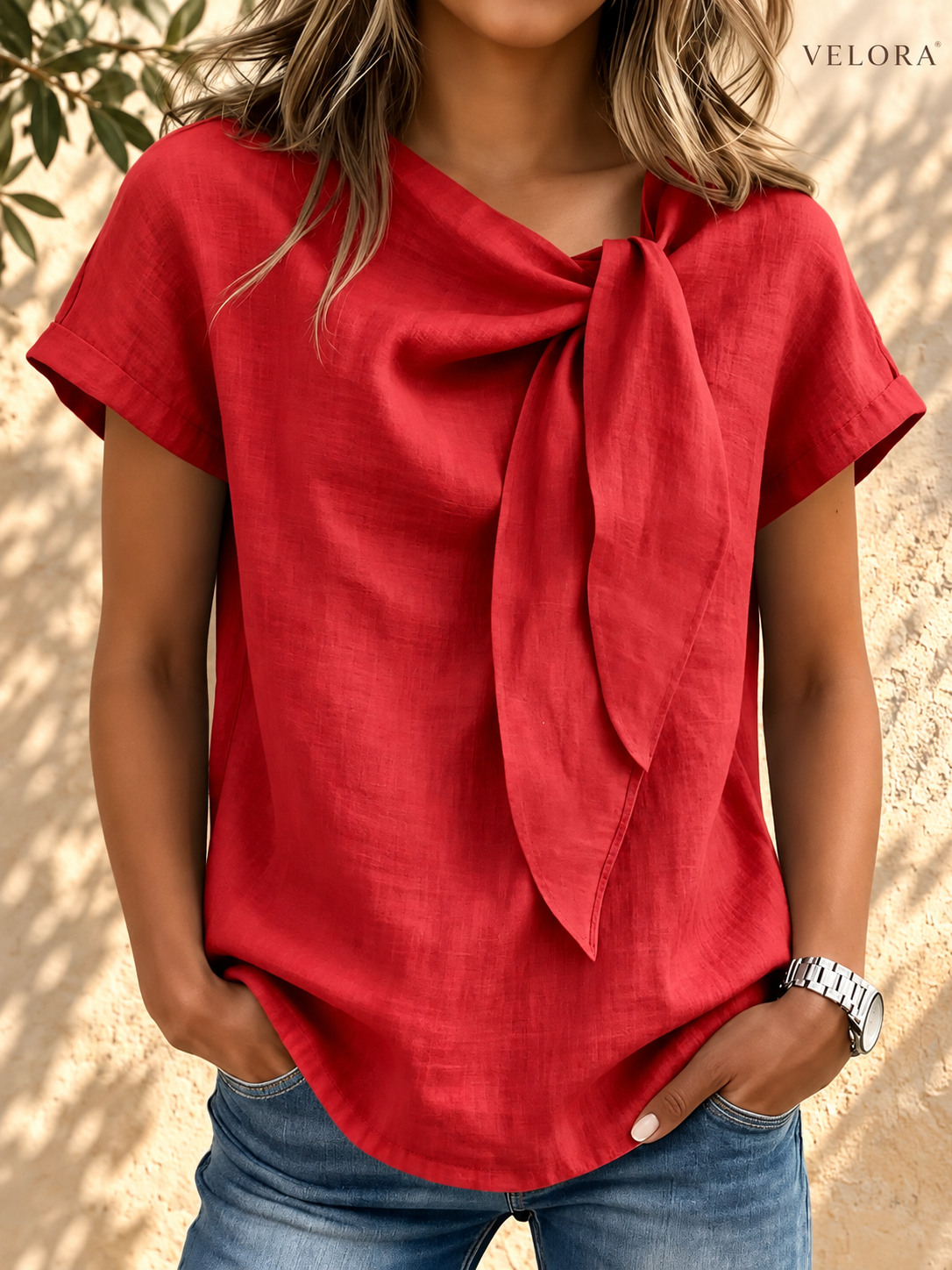 VELORA bow tie blouse look 5 on Mediterranean plaster
