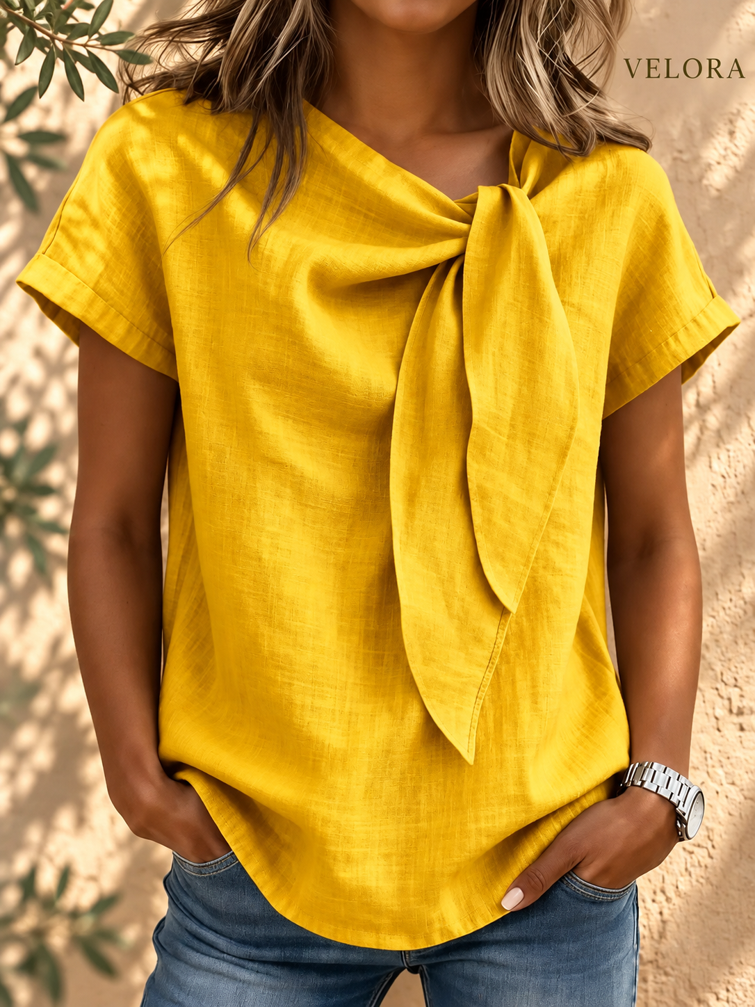 VELORA bow tie blouse look 6 on Mediterranean plaster