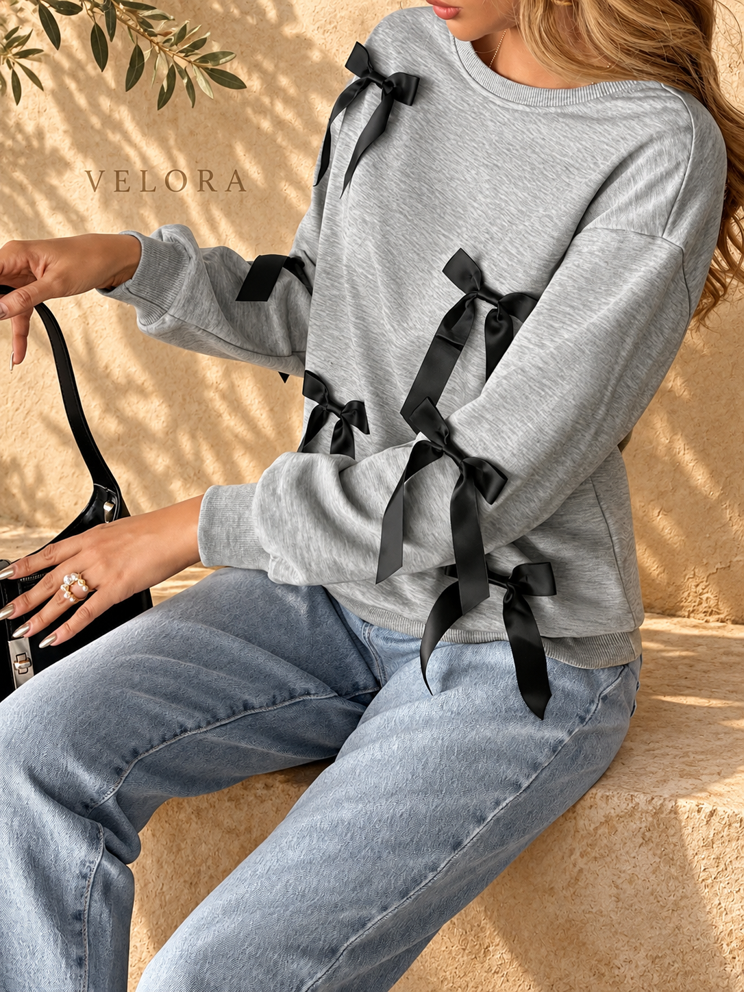VELORA bow sweatshirt detail 5 on Mediterranean plaster