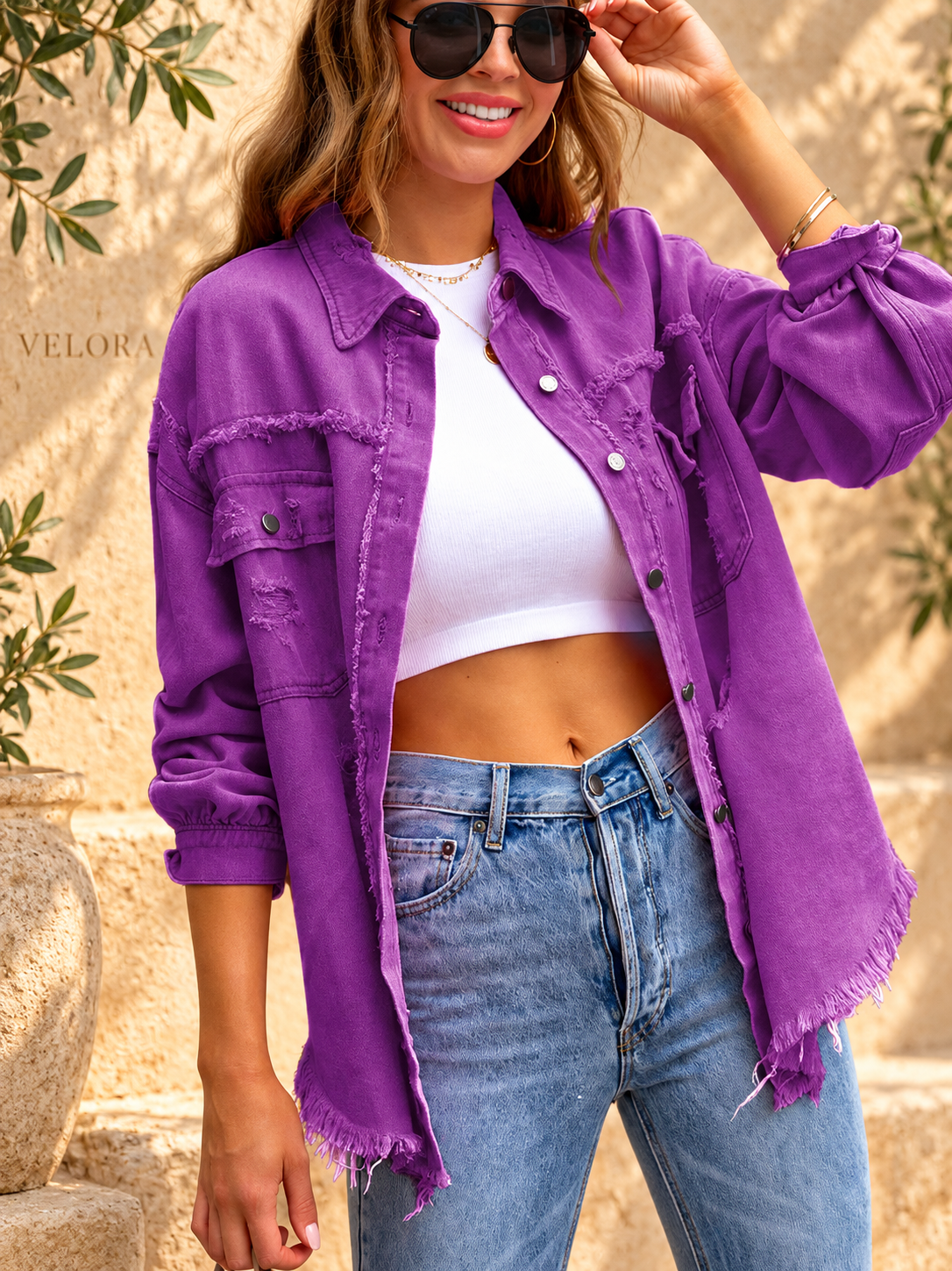 VELORA denim jacket variation 20 on warm Mediterranean plaster