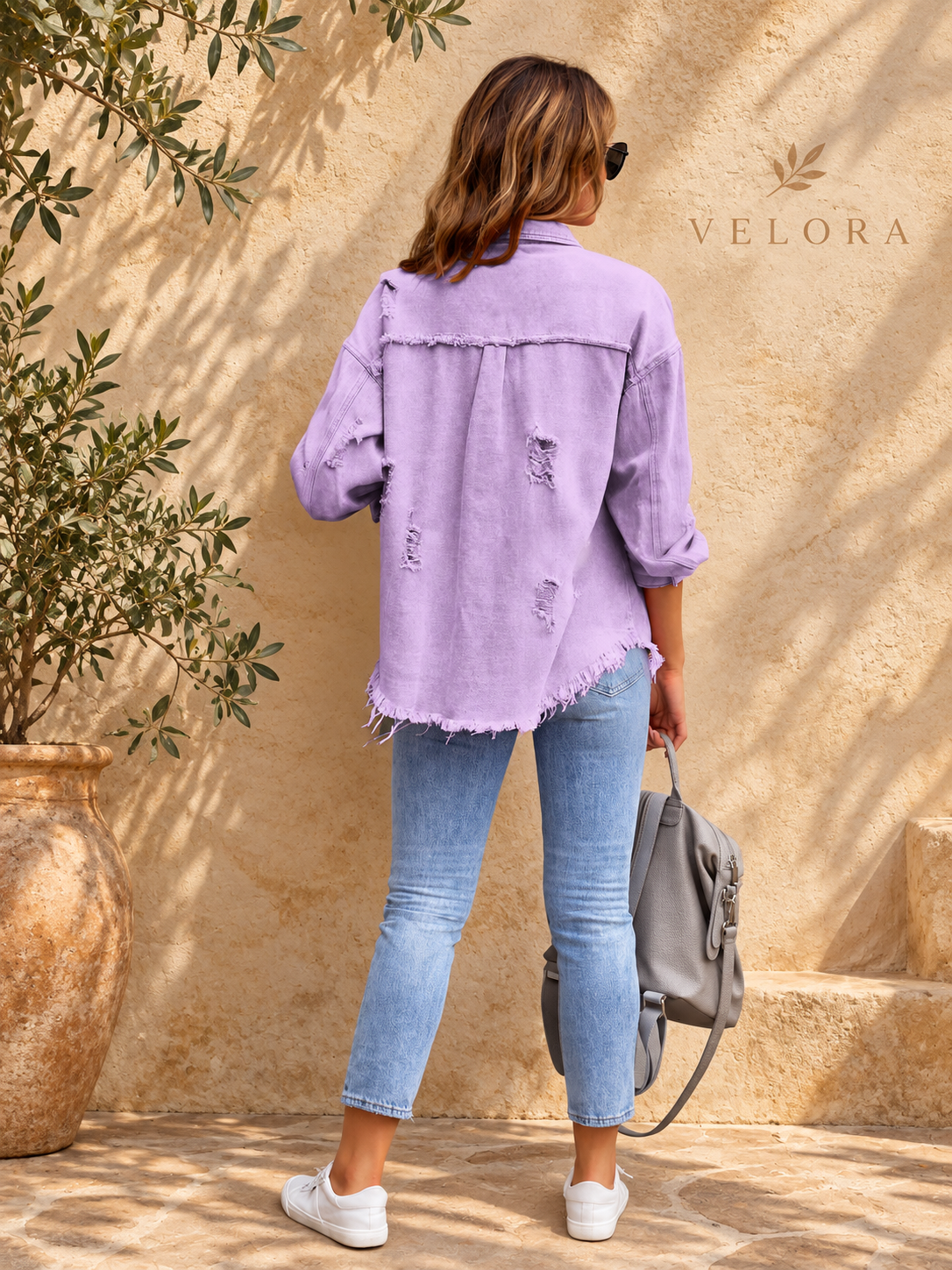 VELORA denim jacket variation 24 on warm Mediterranean plaster