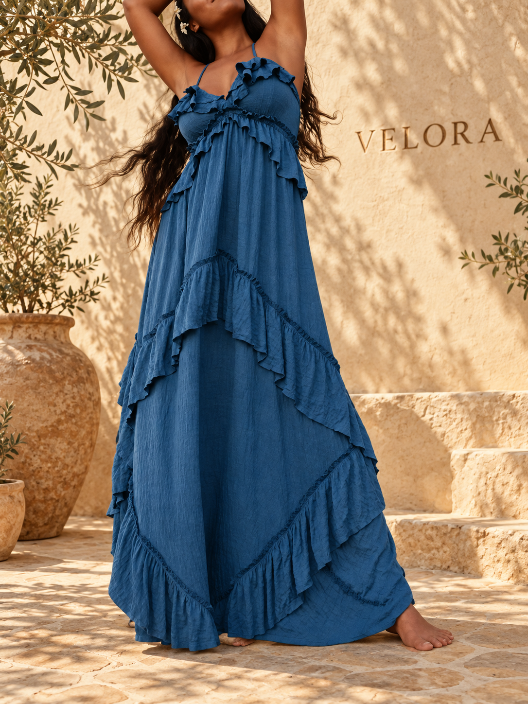 VELORA ruffled maxi dress look 4 on Mediterranean plaster