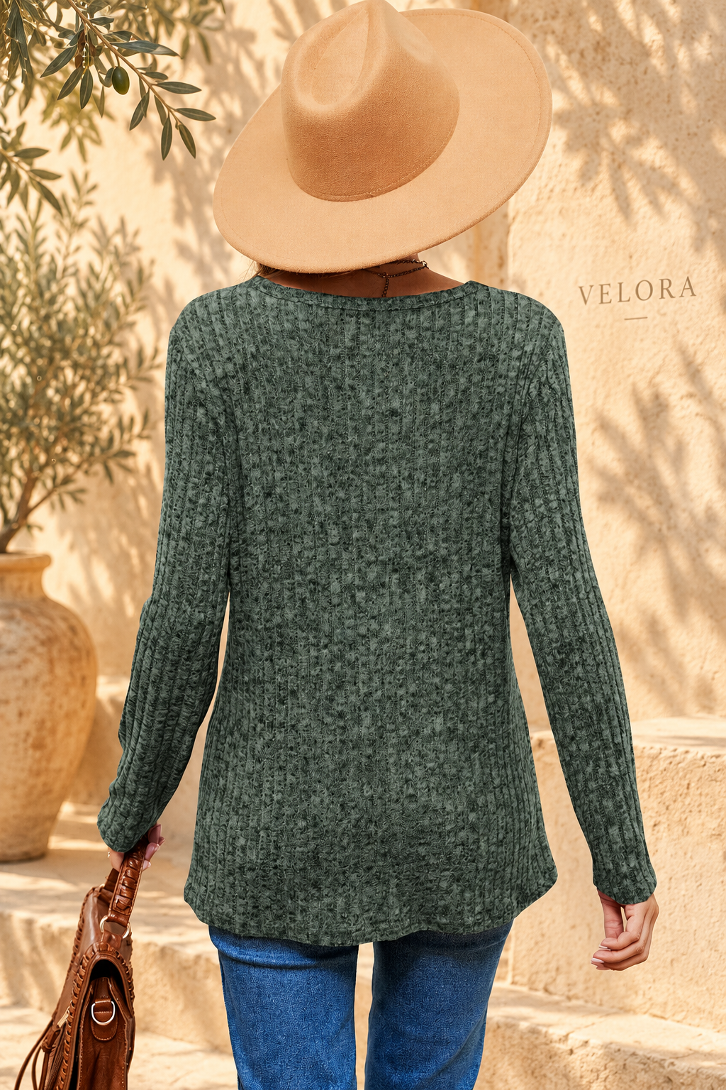 VELORA eyelet ribbed top look 2 on Mediterranean plaster