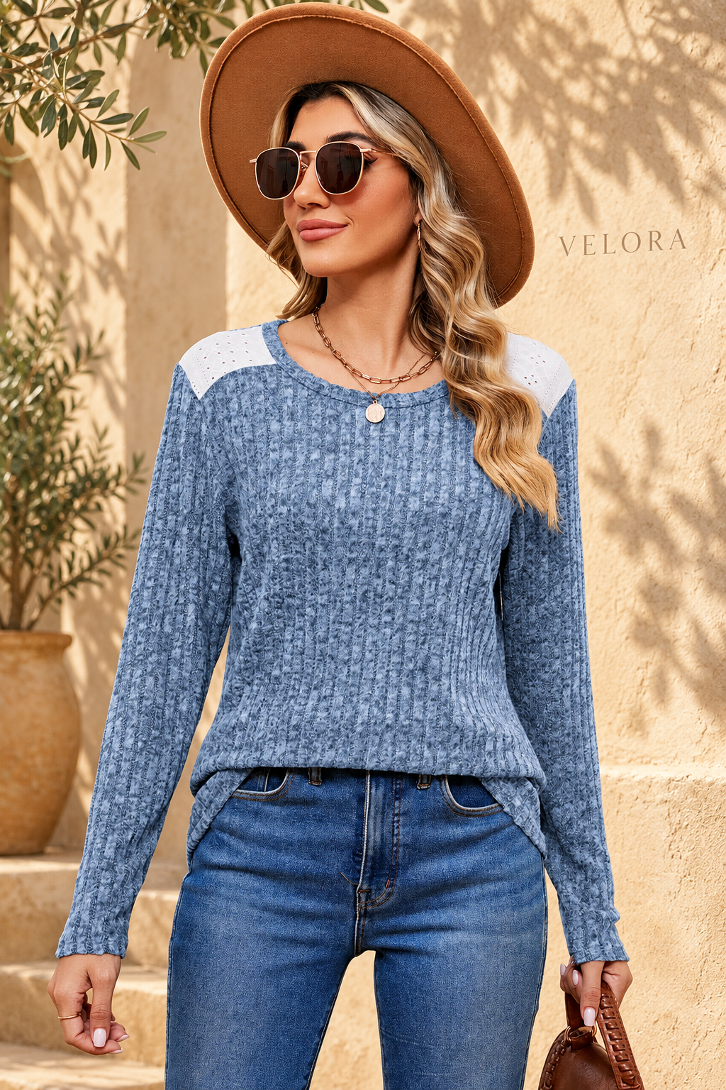 VELORA eyelet ribbed top look 11 on Mediterranean plaster