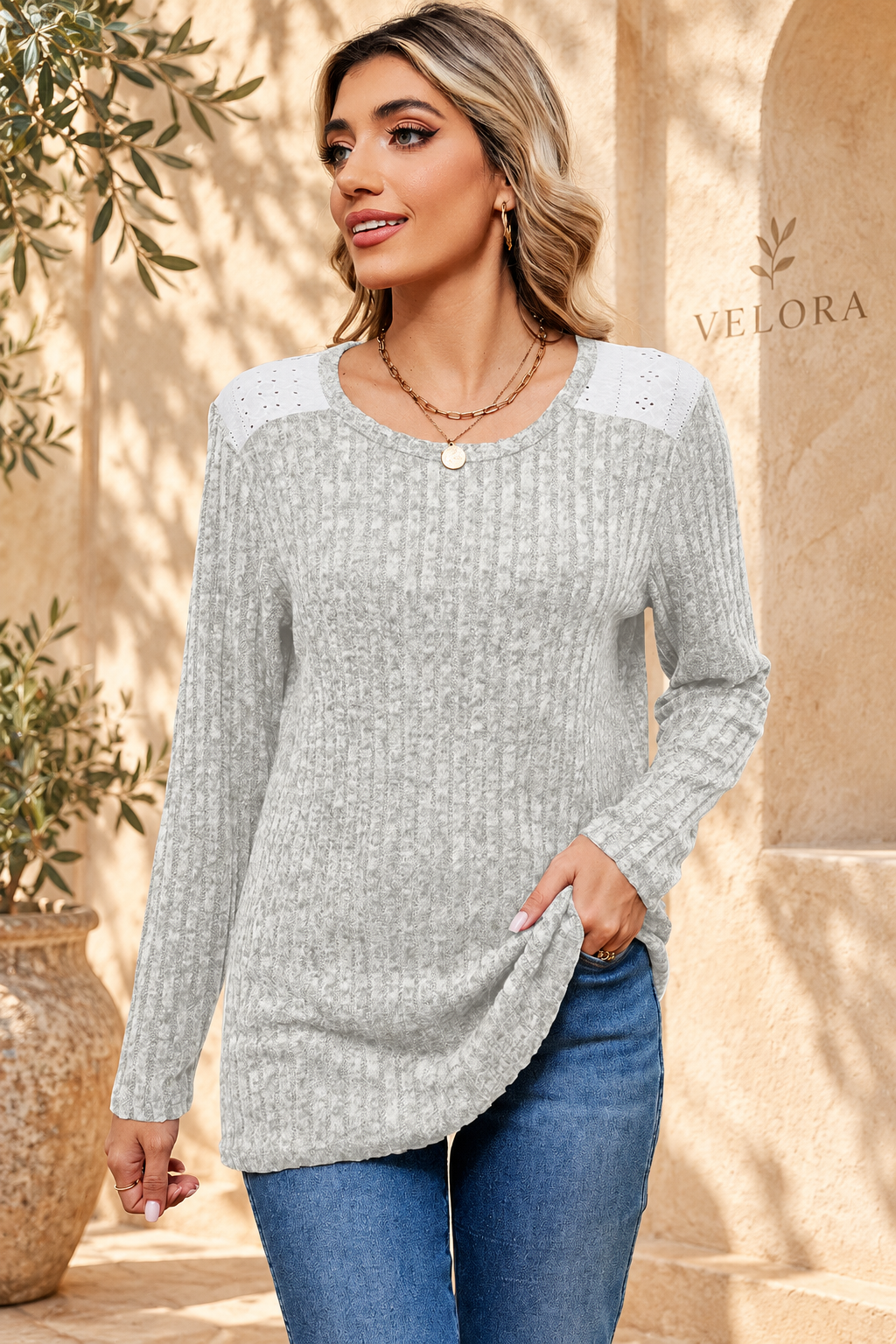 VELORA eyelet ribbed top look 13 on Mediterranean plaster