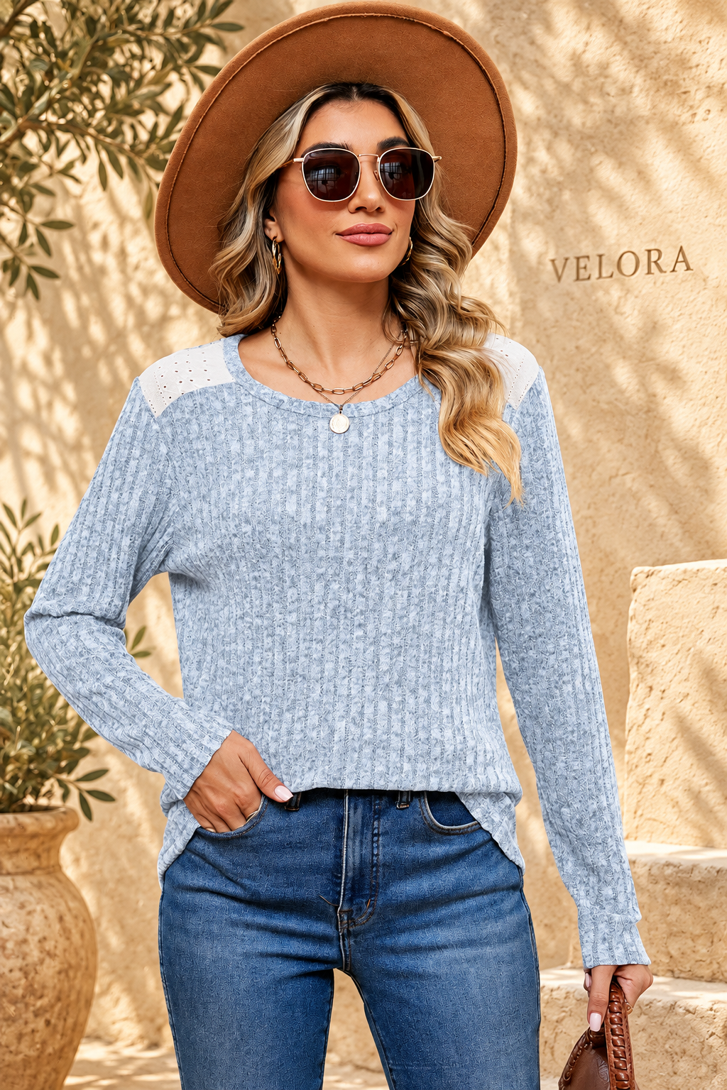 VELORA eyelet ribbed top look 19 on Mediterranean plaster