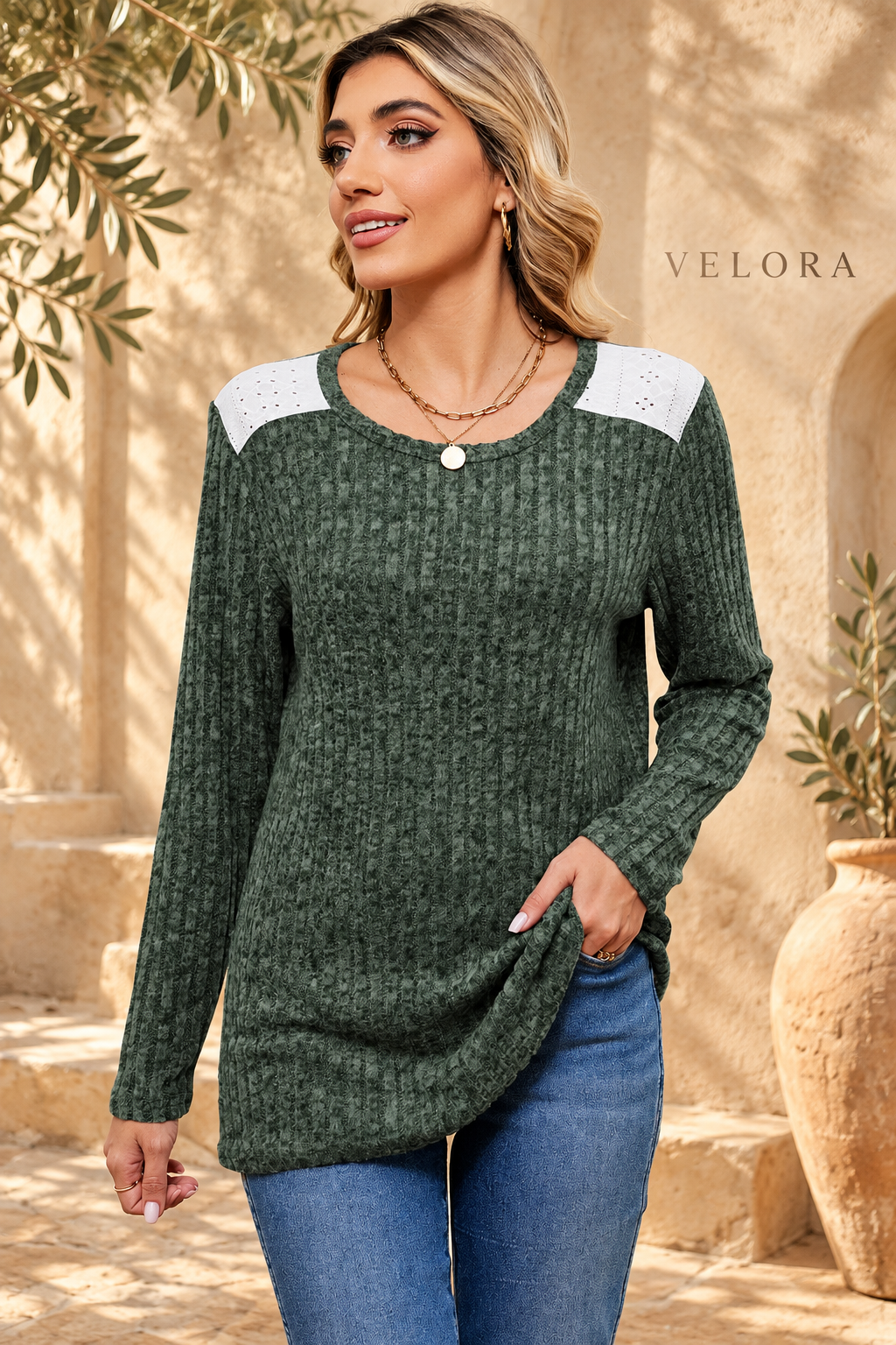 VELORA eyelet ribbed top look 3 on Mediterranean plaster