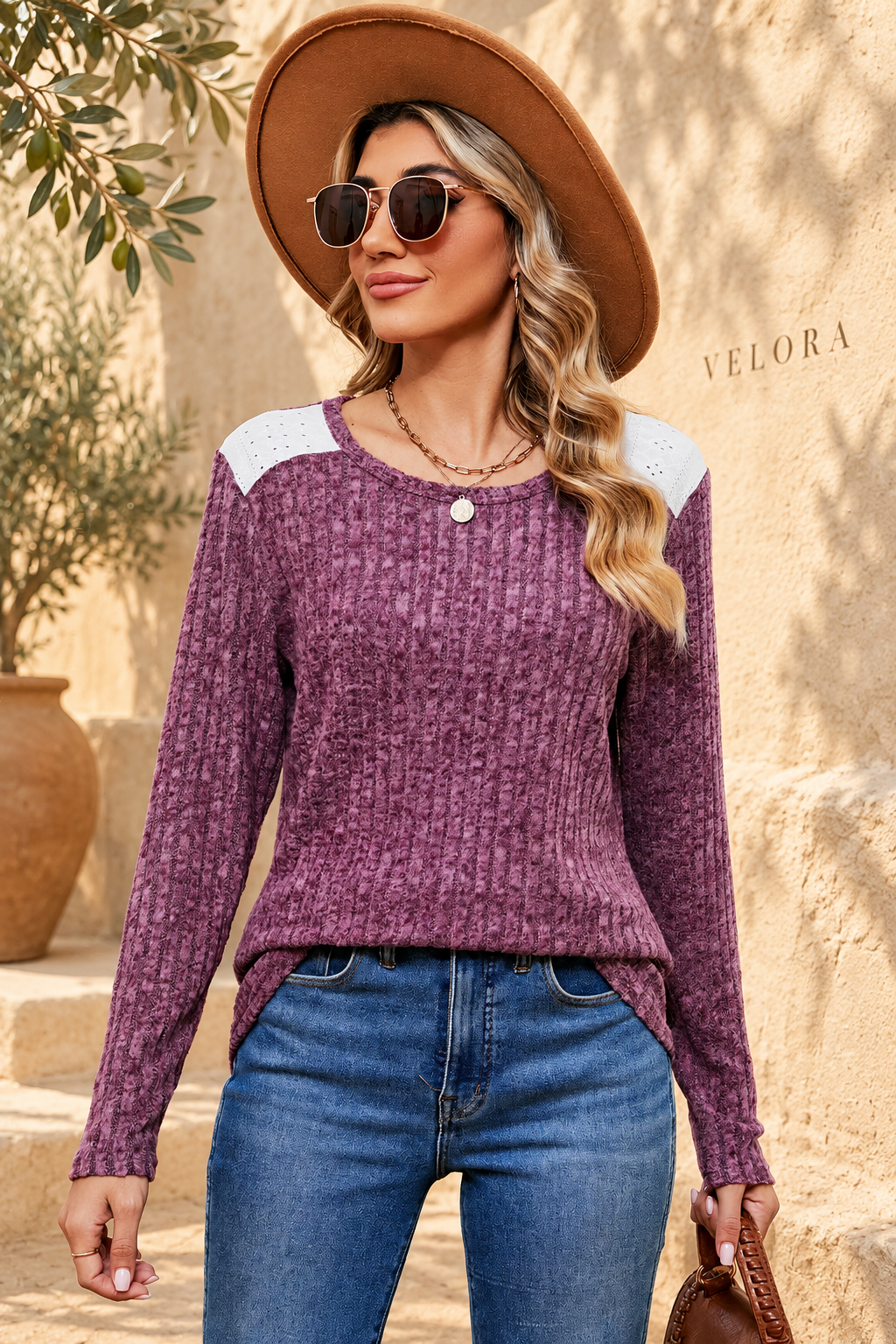 VELORA eyelet ribbed top look 23 on Mediterranean plaster