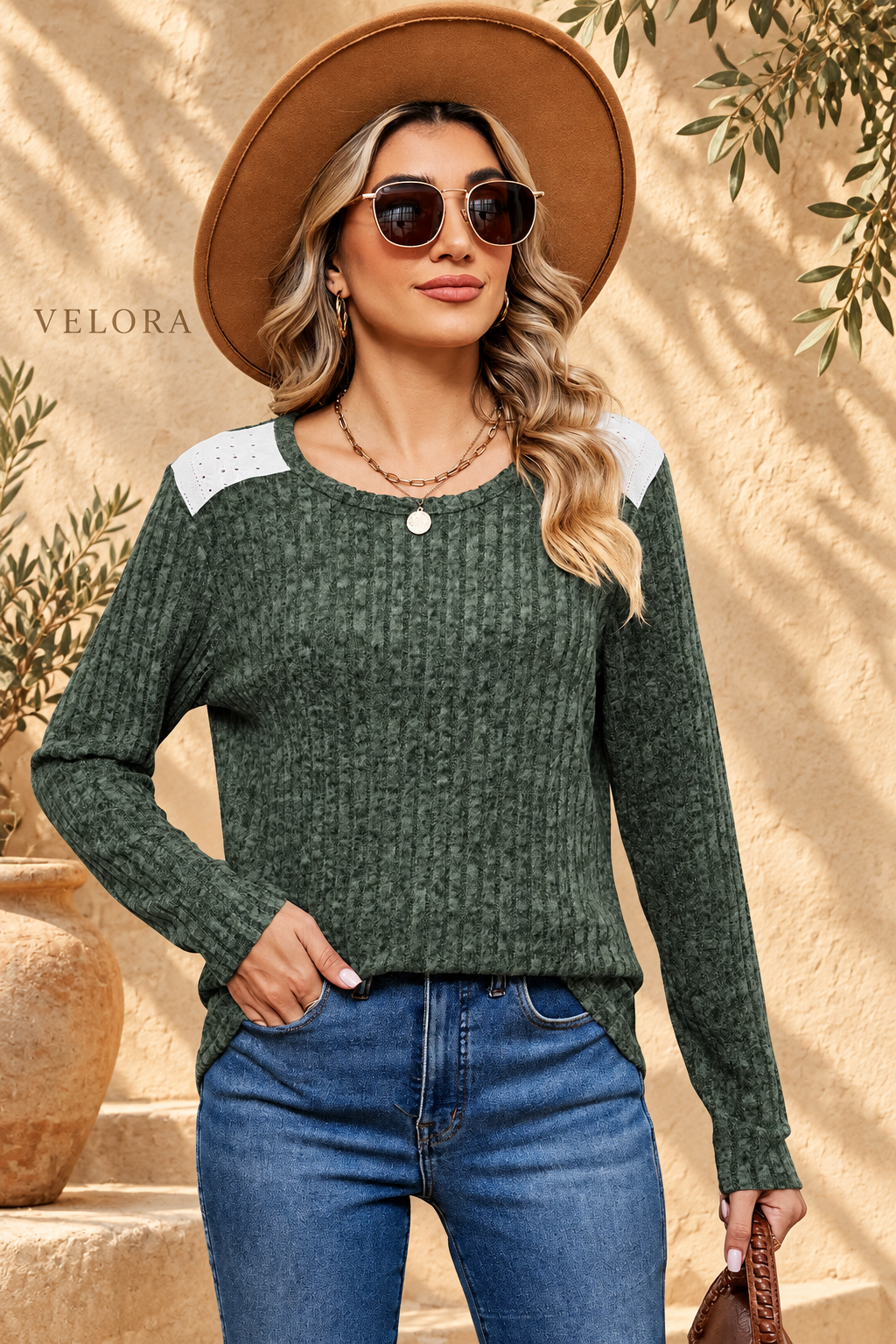 VELORA eyelet ribbed top look 4 on Mediterranean plaster