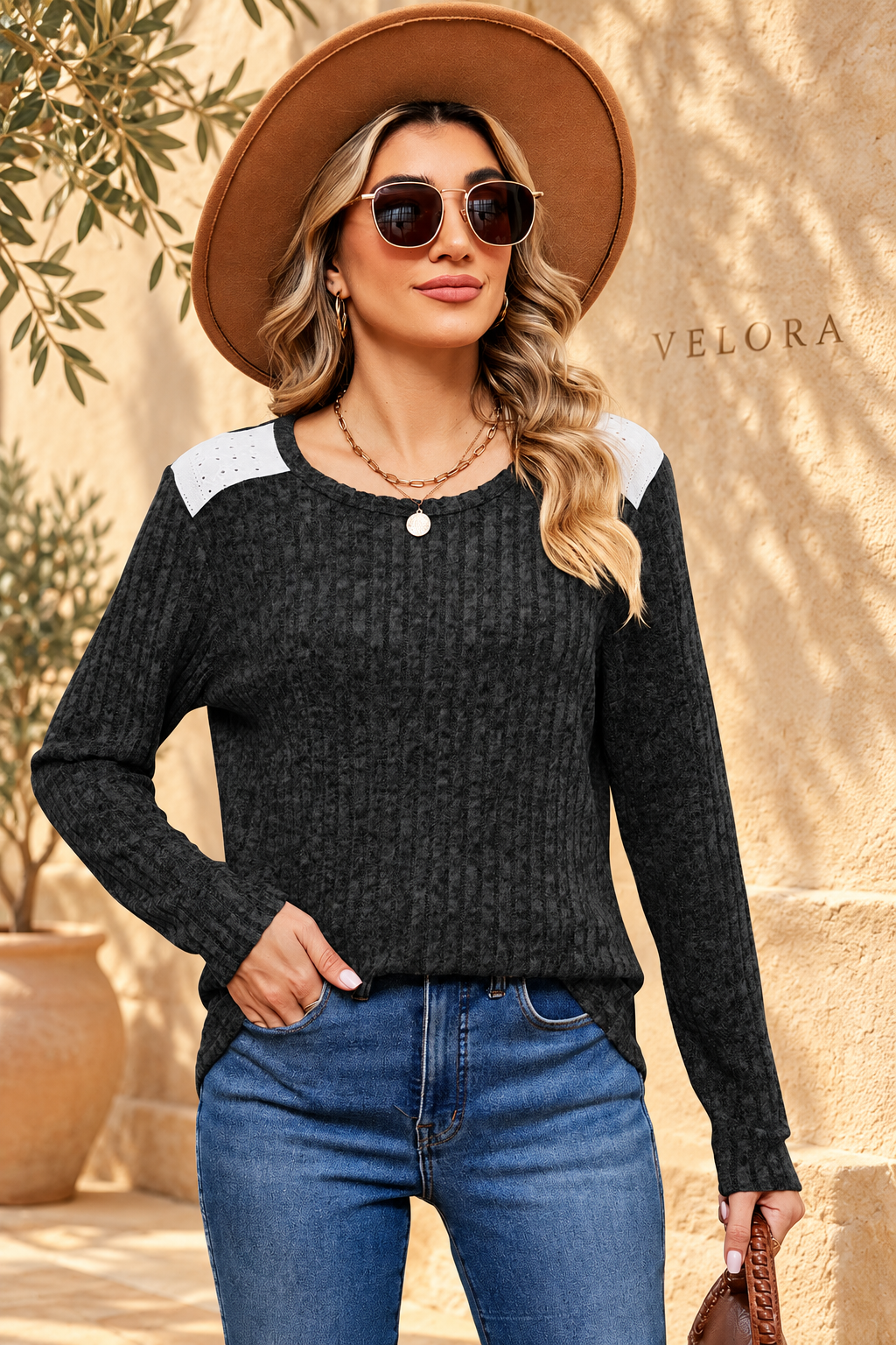 VELORA eyelet ribbed top look 5 on Mediterranean plaster