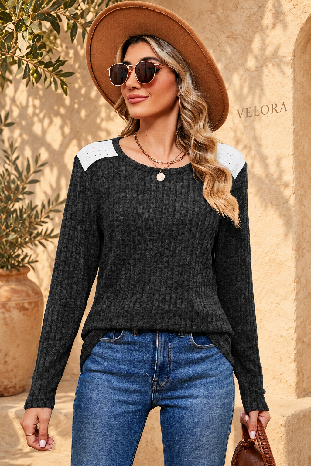 VELORA eyelet ribbed top look 7 on Mediterranean plaster