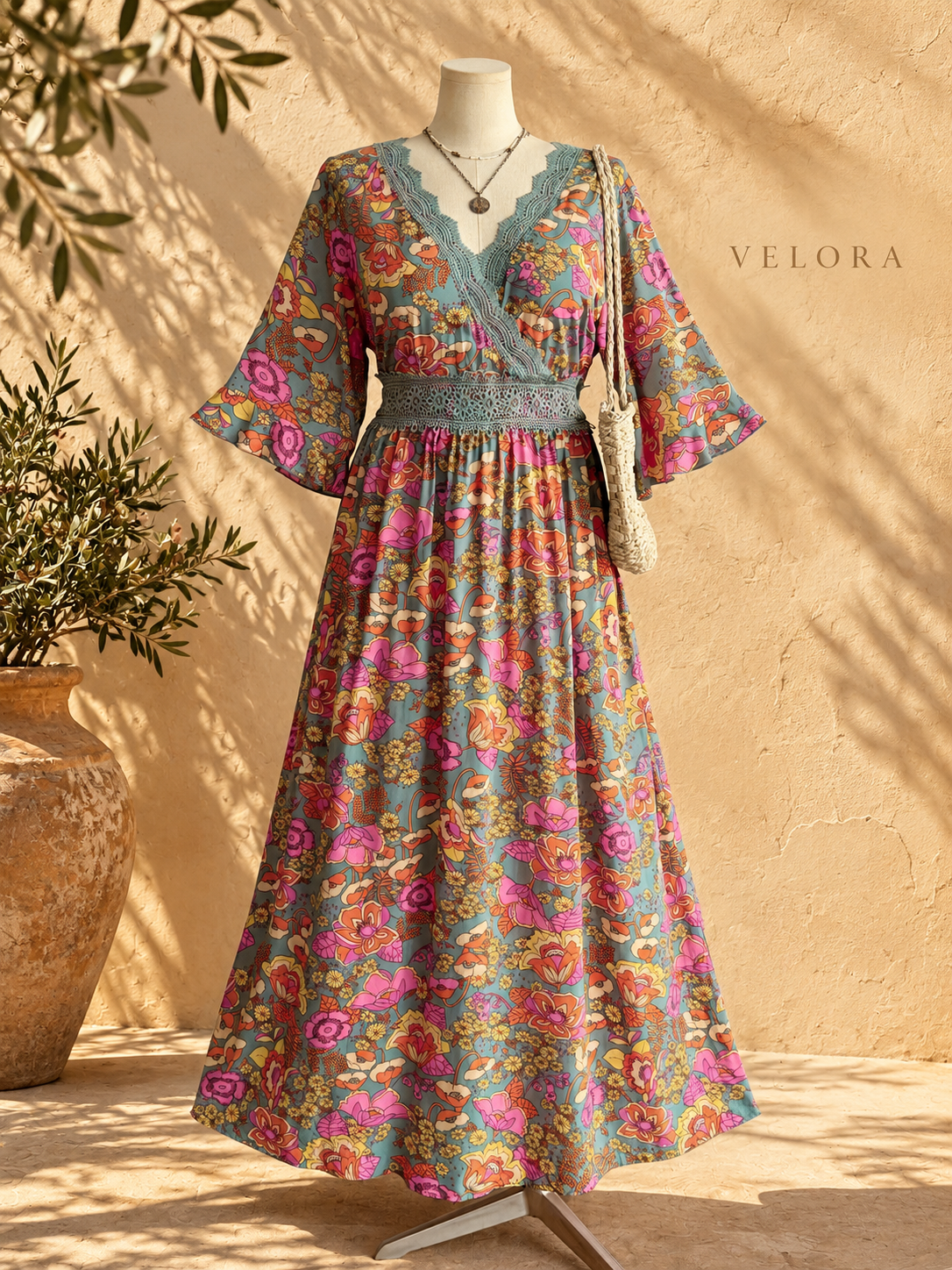 VELORA floral surplice dress look 1 on Mediterranean plaster