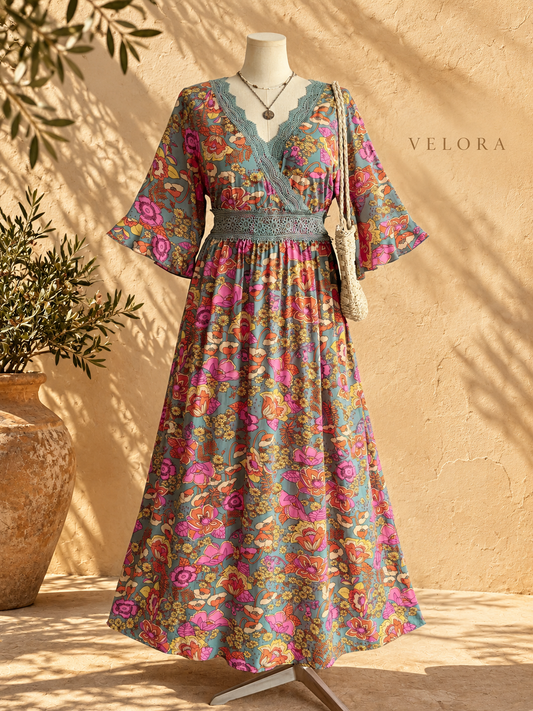 VELORA floral surplice dress look 1 on Mediterranean plaster