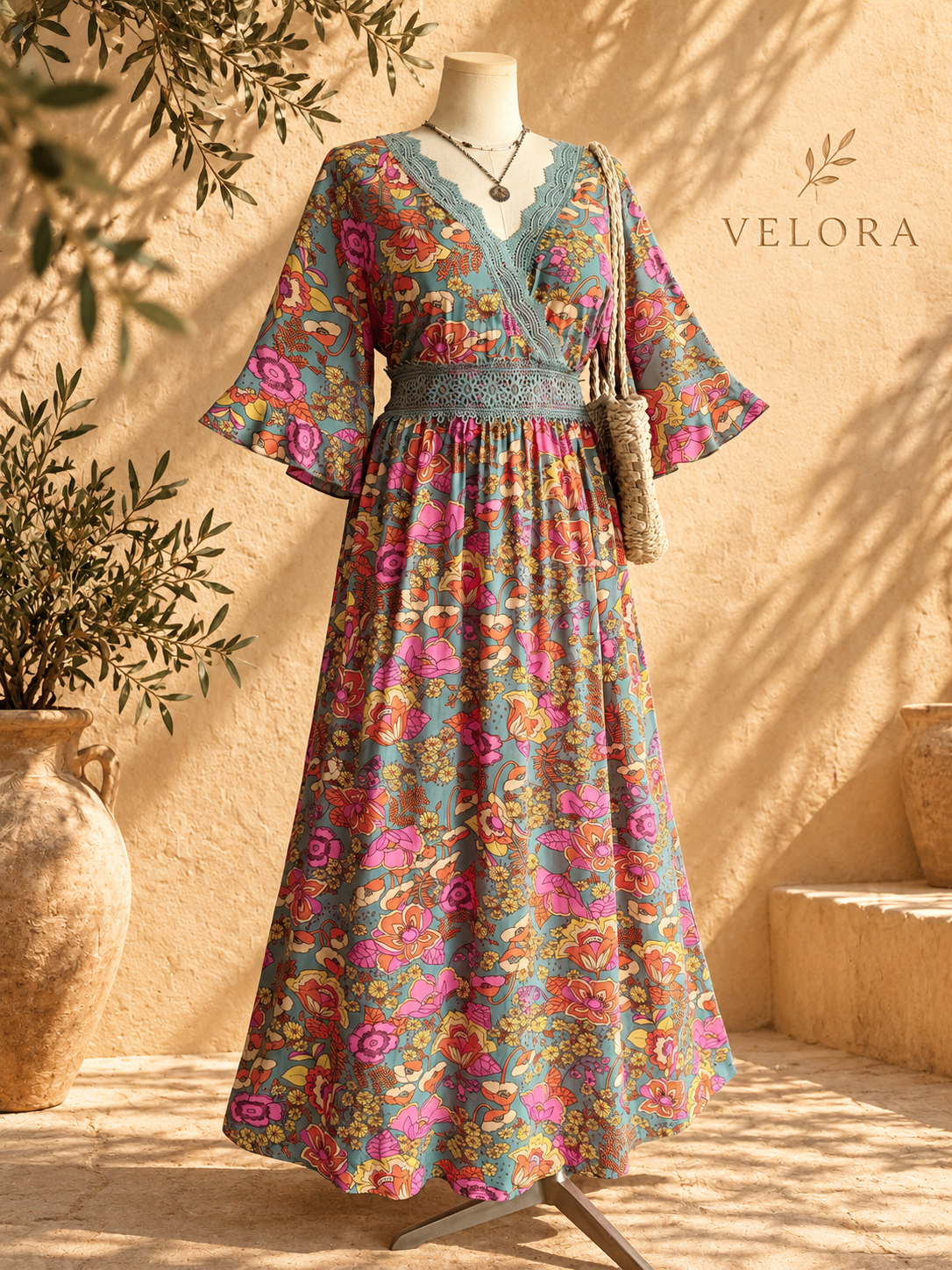 VELORA floral surplice dress look 2 on Mediterranean plaster