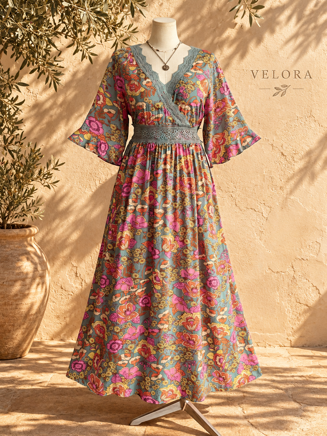 VELORA floral surplice dress look 4 on Mediterranean plaster