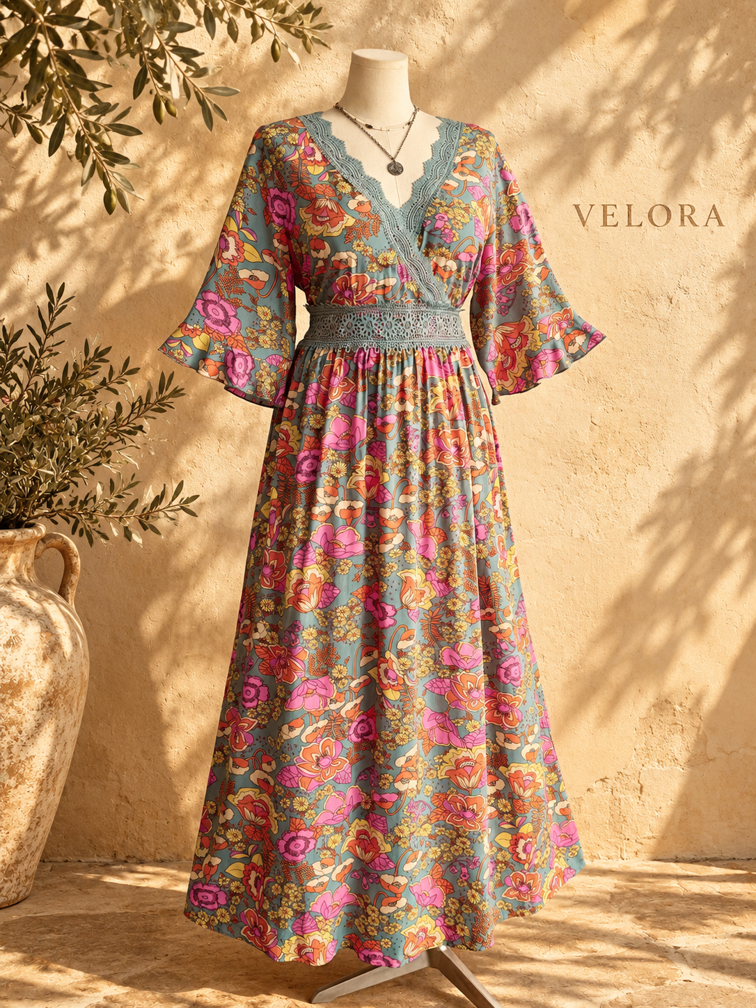 VELORA floral surplice dress look 5 on Mediterranean plaster