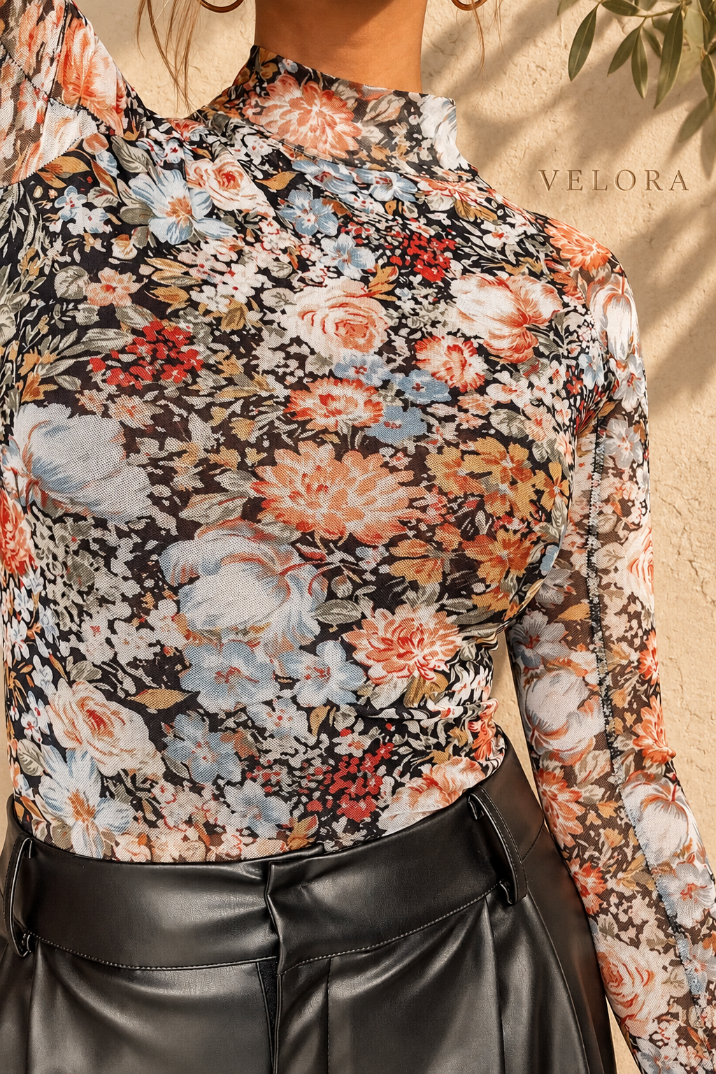 VELORA floral-top look 3 on Mediterranean plaster