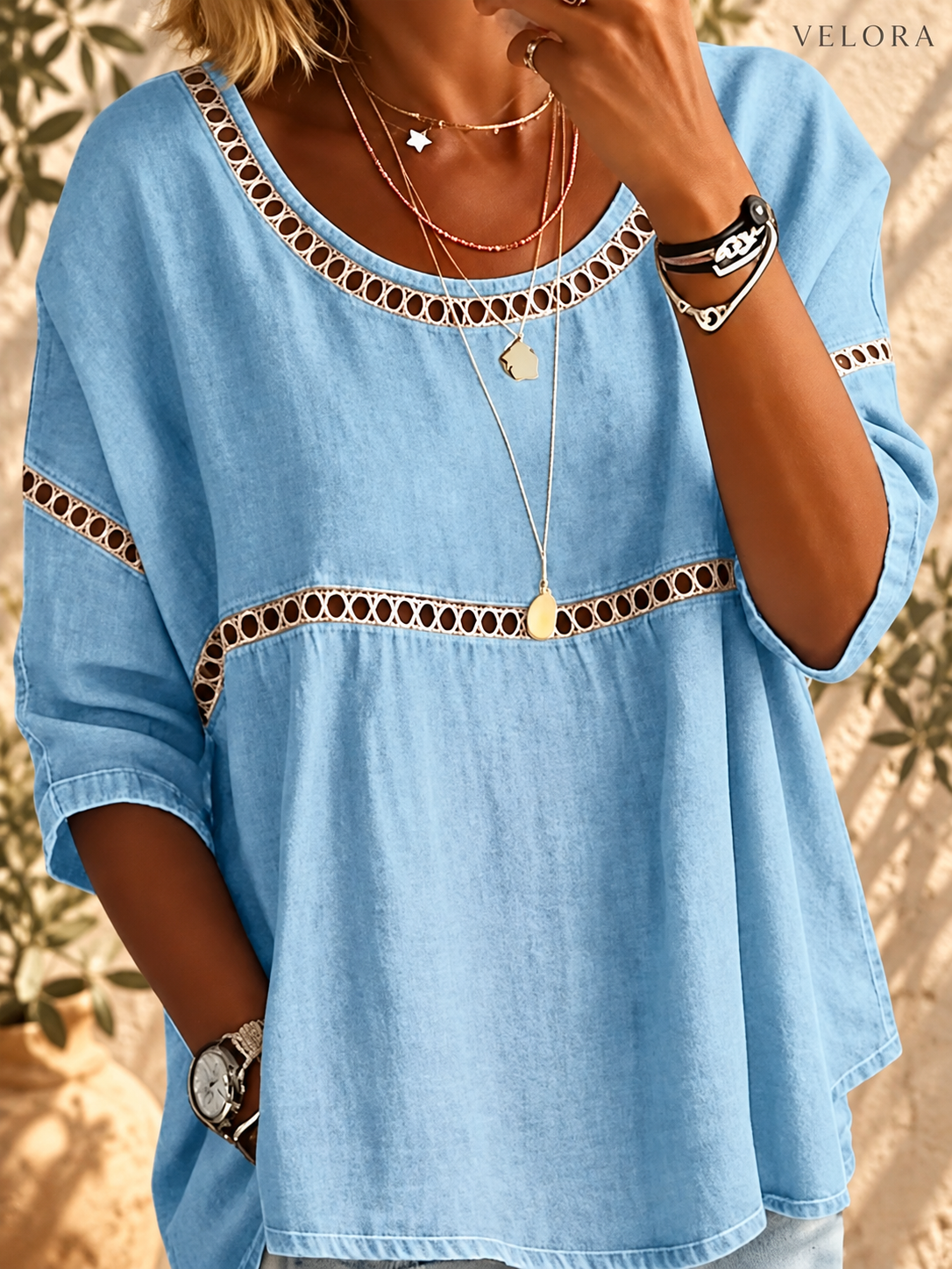 VELORA hollow-out top look 17 on warm Mediterranean plaster
