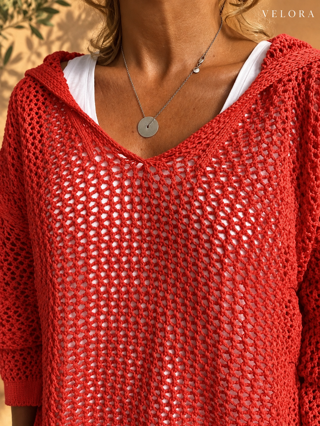 VELORA openwork knit cover-up detail 14 Mediterranean background