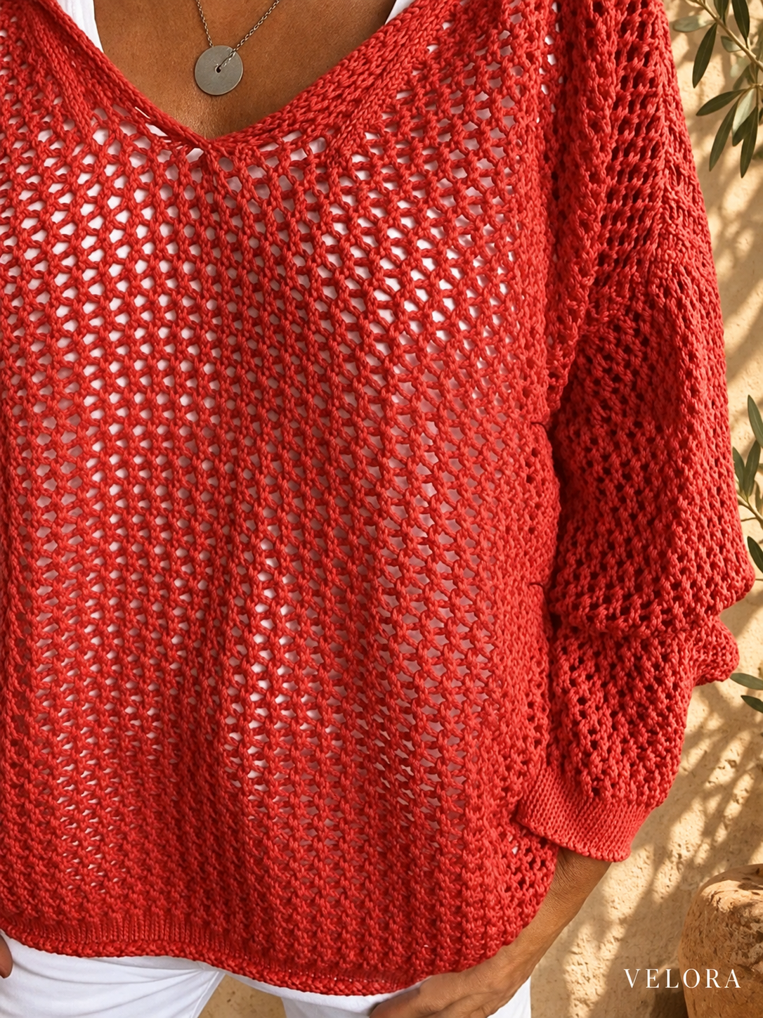 VELORA openwork knit cover-up detail 15 Mediterranean background