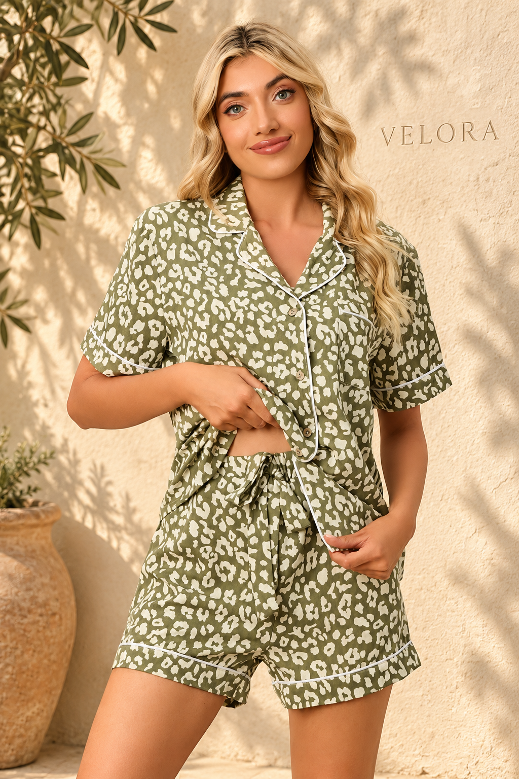 VELORA leopard lounge set look 2 on Mediterranean plaster