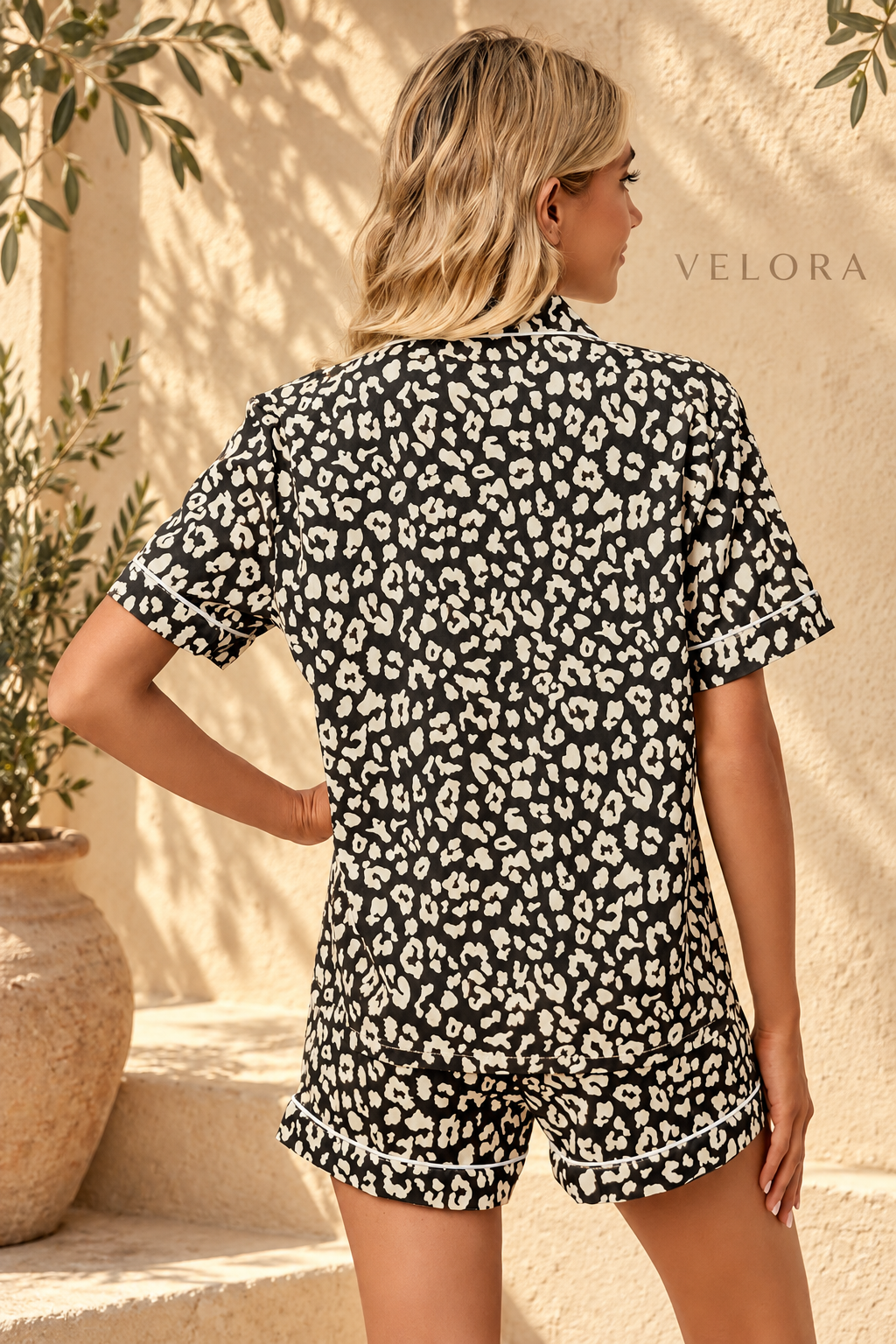 VELORA leopard lounge set look 12 on Mediterranean plaster
