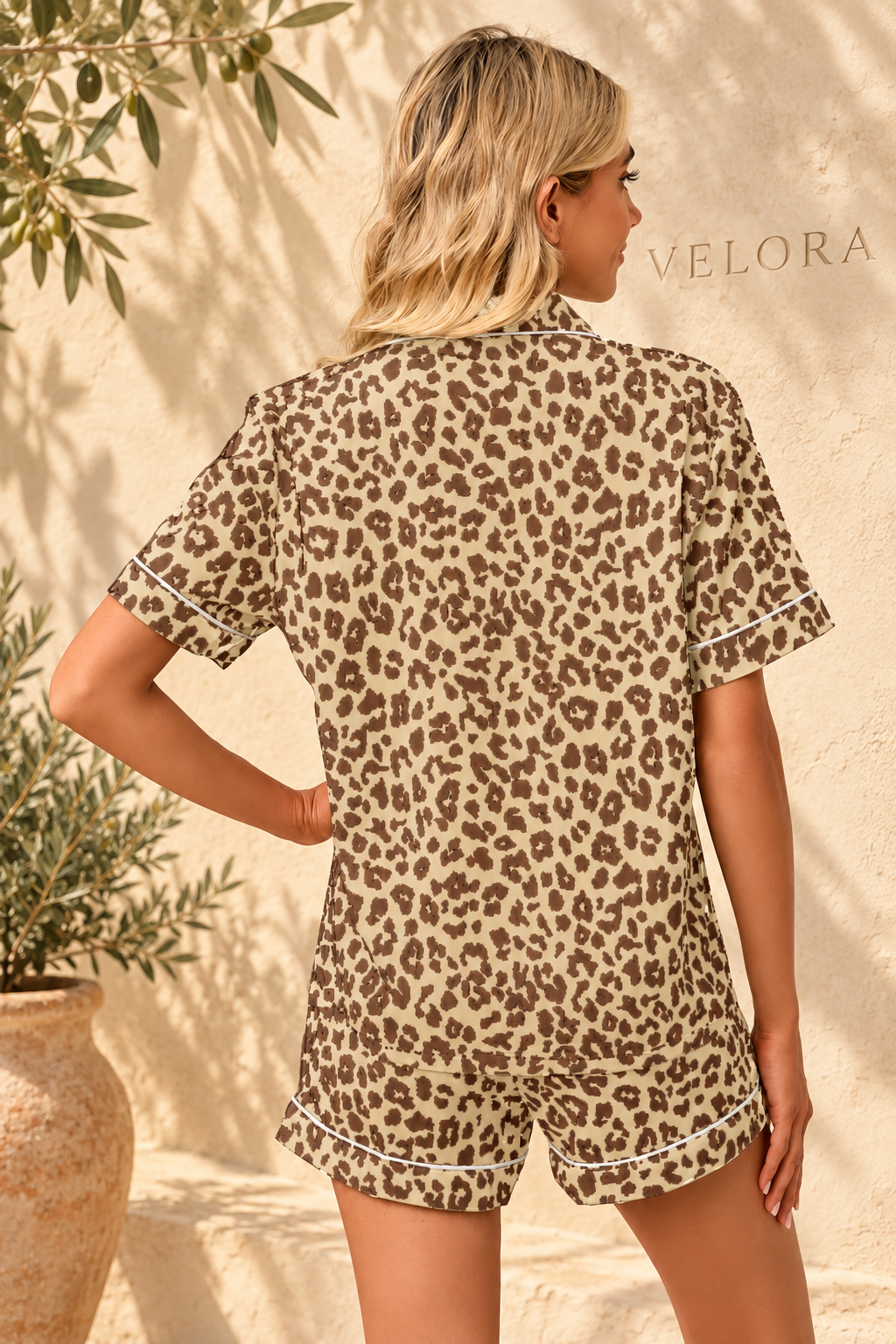 VELORA leopard lounge set look 15 on Mediterranean plaster