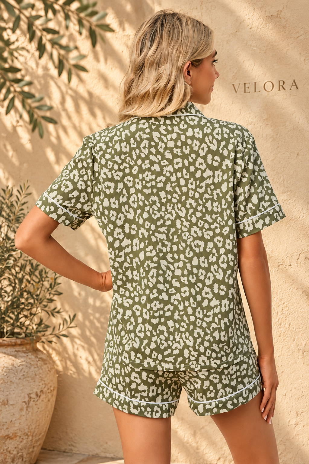 VELORA leopard lounge set look 6 on Mediterranean plaster