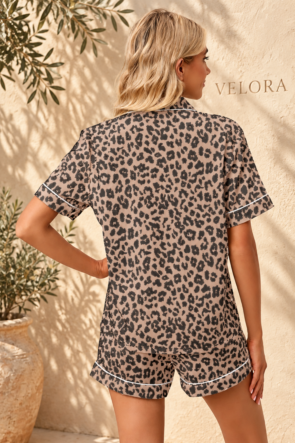 VELORA leopard lounge set look 9 on Mediterranean plaster