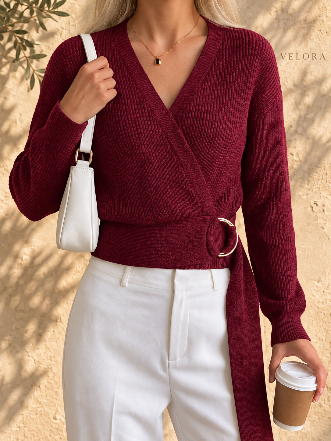 VELORA metal-ring sweater look 14 on Mediterranean plaster