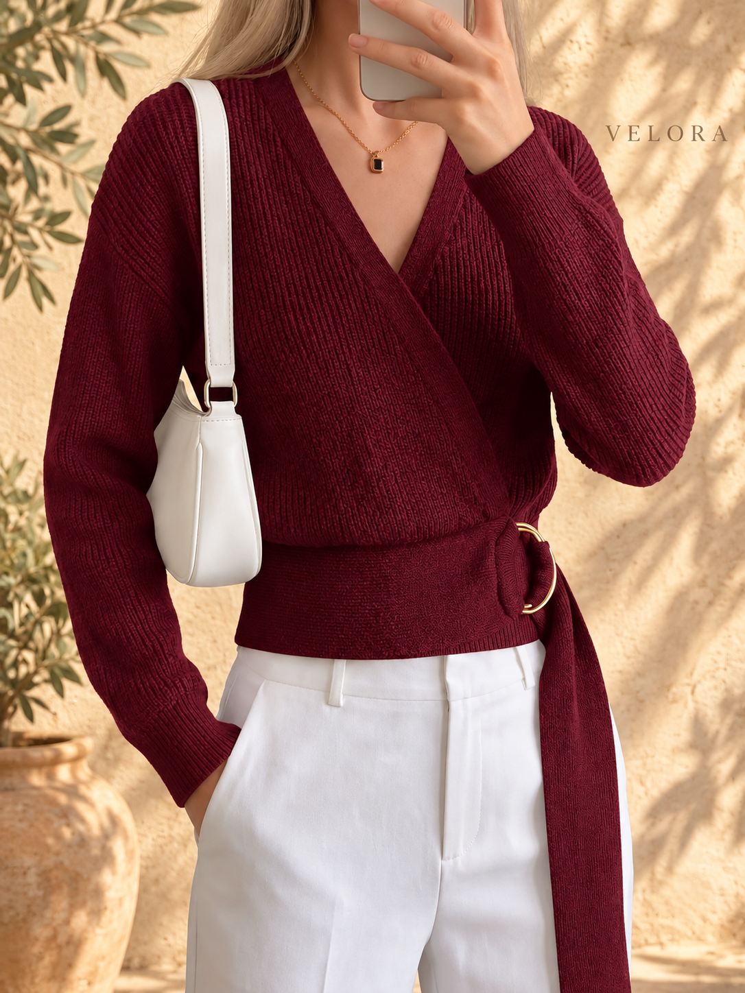 VELORA metal-ring sweater look 15 on Mediterranean plaster