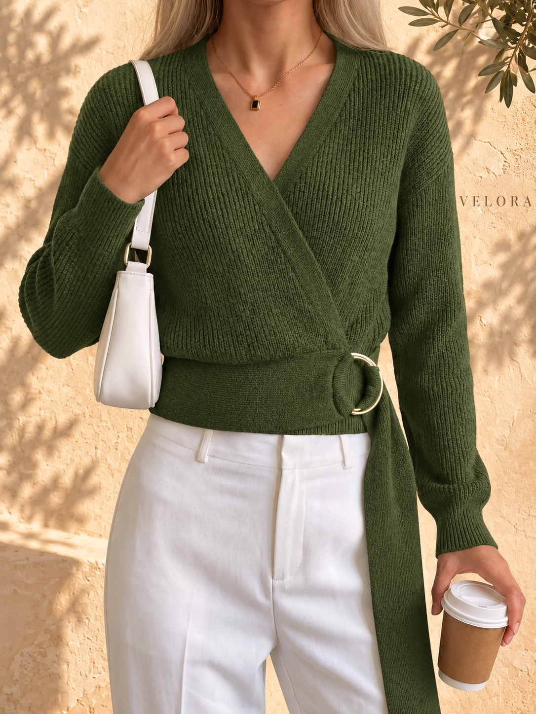 VELORA metal-ring sweater look 6 on Mediterranean plaster