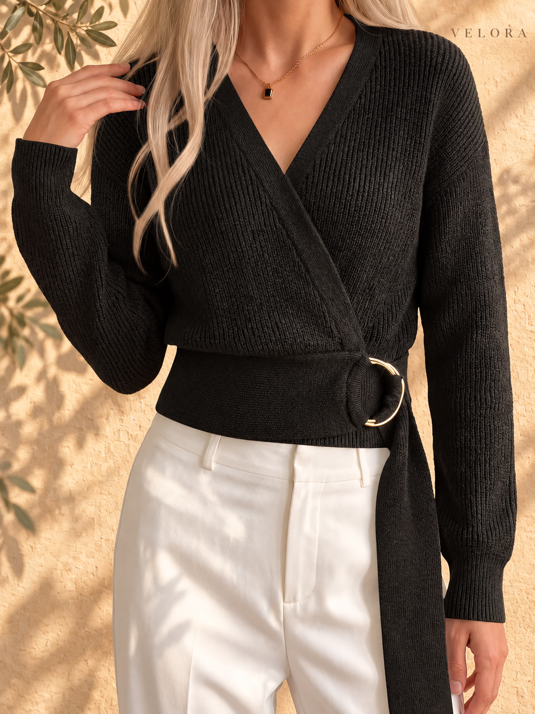 VELORA metal-ring sweater look 9 on Mediterranean plaster