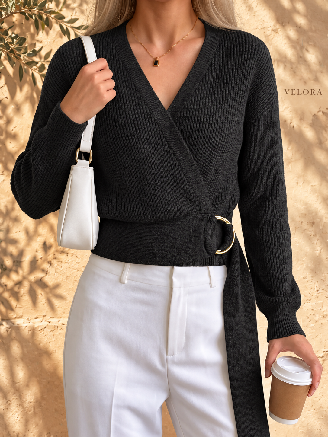 VELORA metal-ring sweater look 10 on Mediterranean plaster