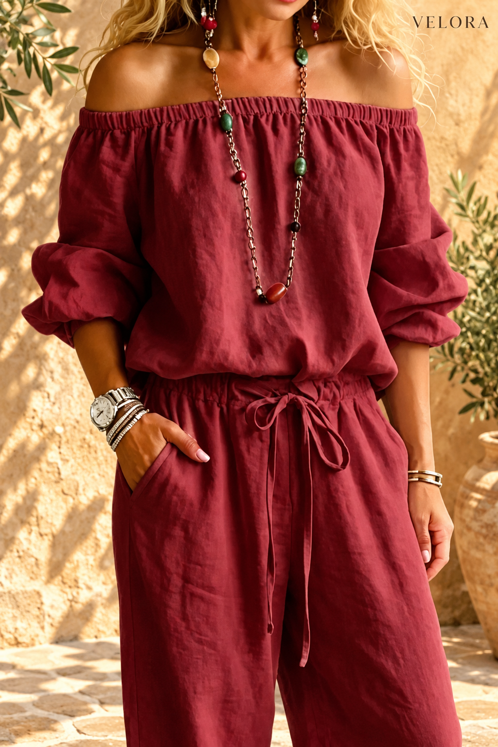VELORA off-shoulder set look 5 Mediterranean background