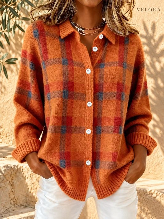 VELORA plaid cardigan look 1 in Mediterranean setting