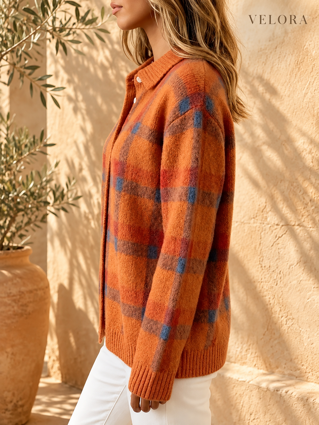 VELORA plaid cardigan look 2 in Mediterranean setting