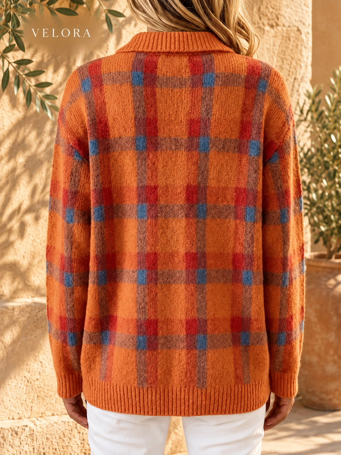 VELORA plaid cardigan look 3 in Mediterranean setting