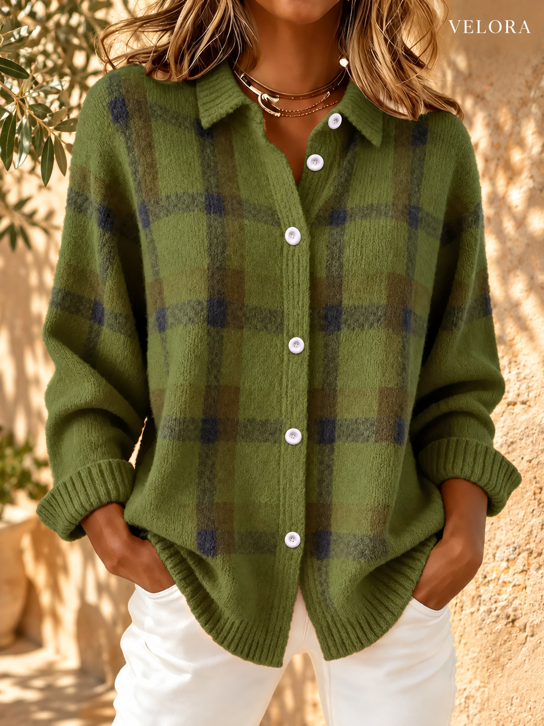 VELORA plaid cardigan look 4 in Mediterranean setting