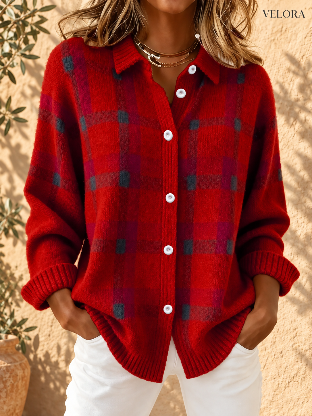 VELORA plaid cardigan look 6 in Mediterranean setting