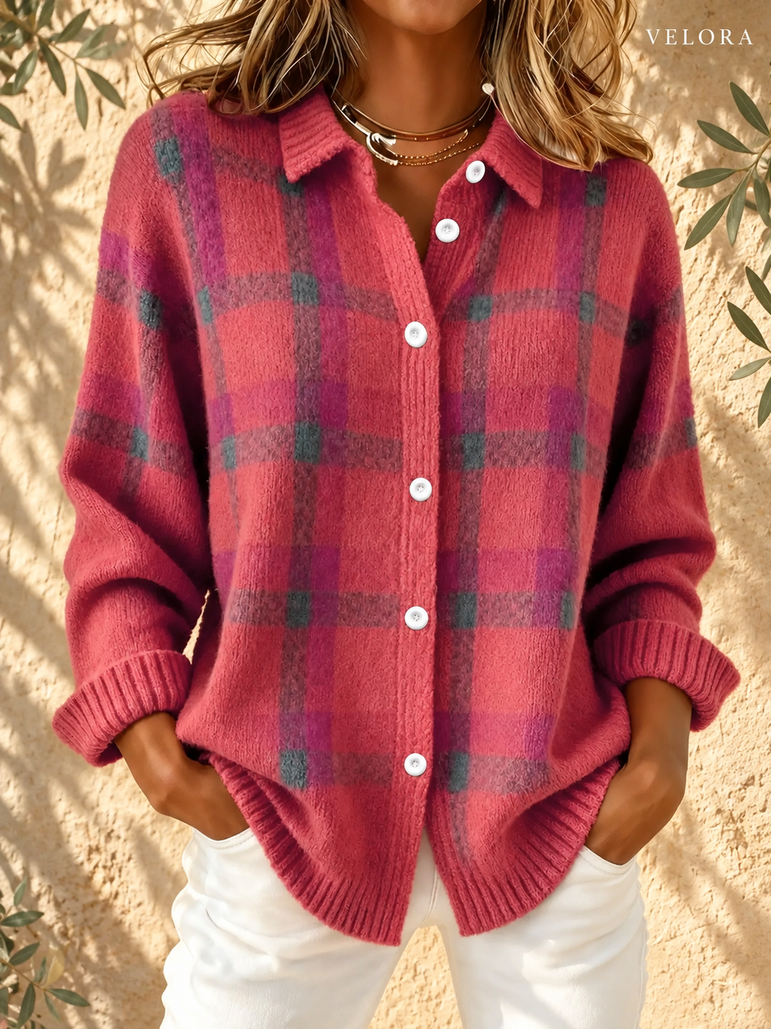 VELORA plaid cardigan look 7 in Mediterranean setting