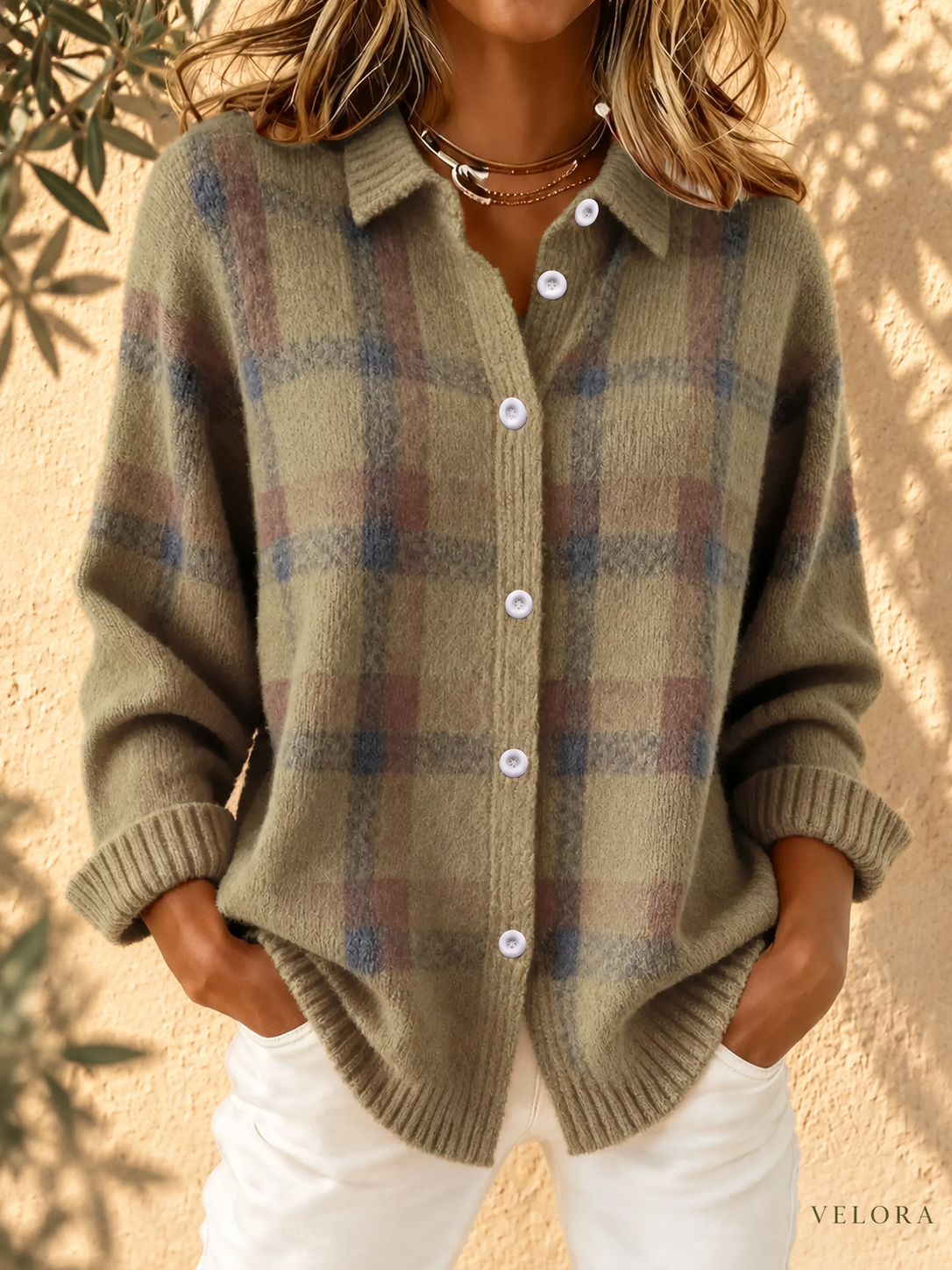 VELORA plaid cardigan look 8 in Mediterranean setting