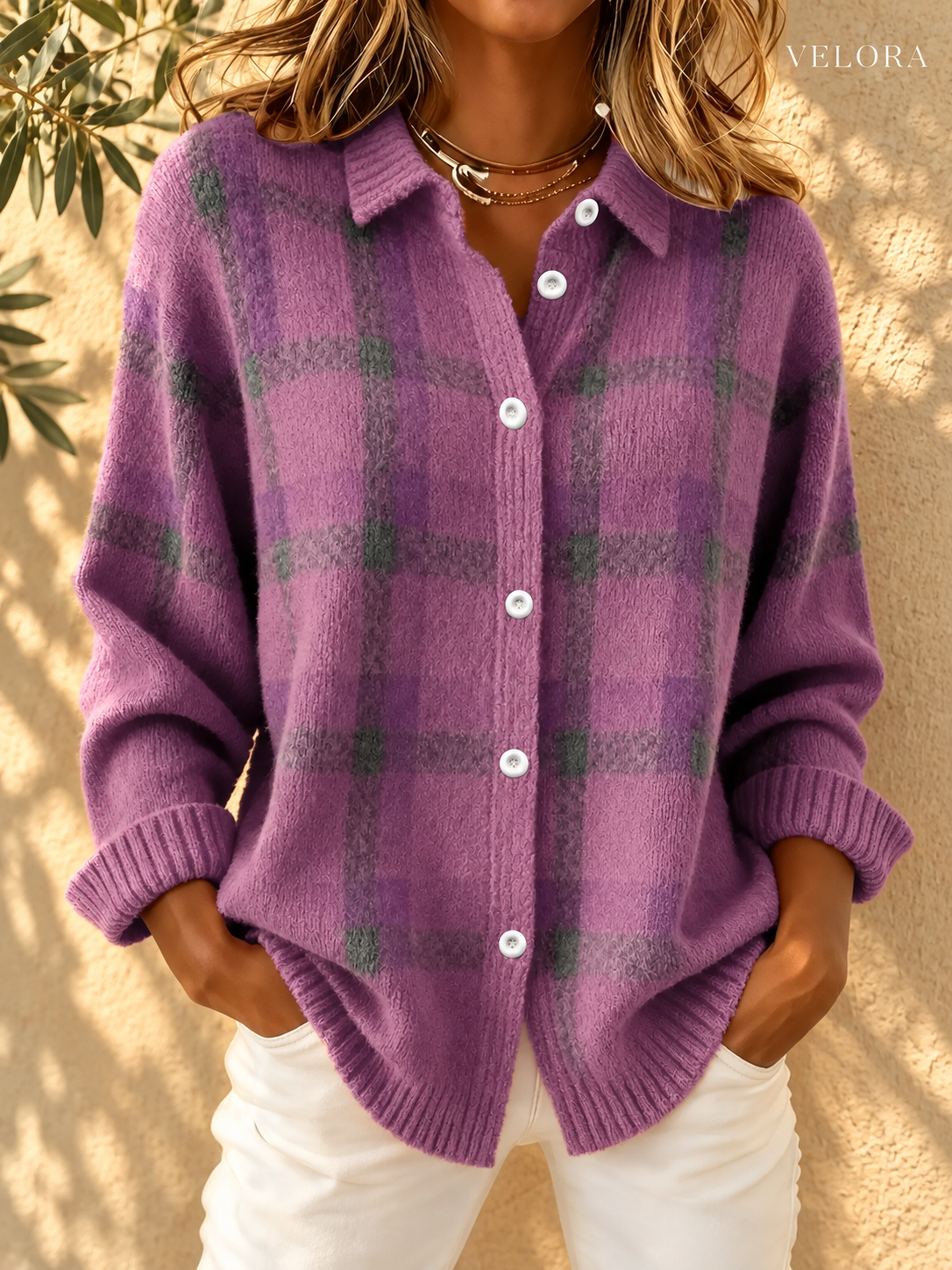 VELORA plaid cardigan look 9 in Mediterranean setting