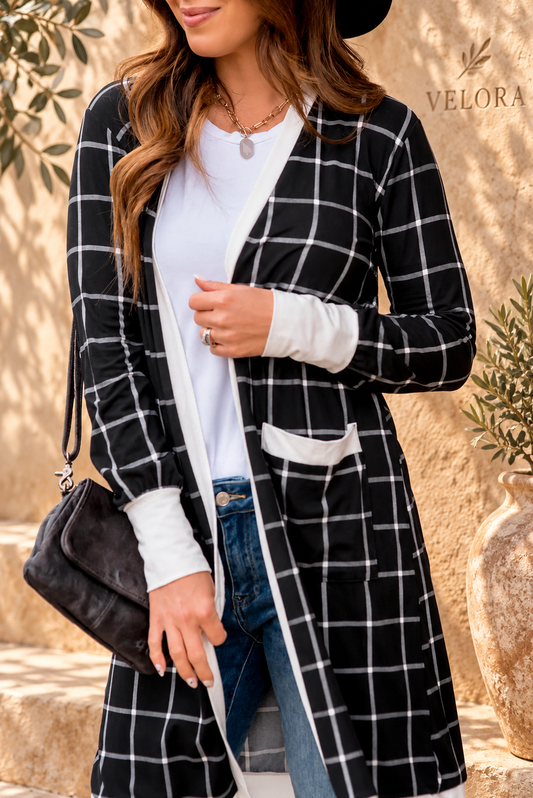 VELORA plaid cover up look 1 on Mediterranean plaster